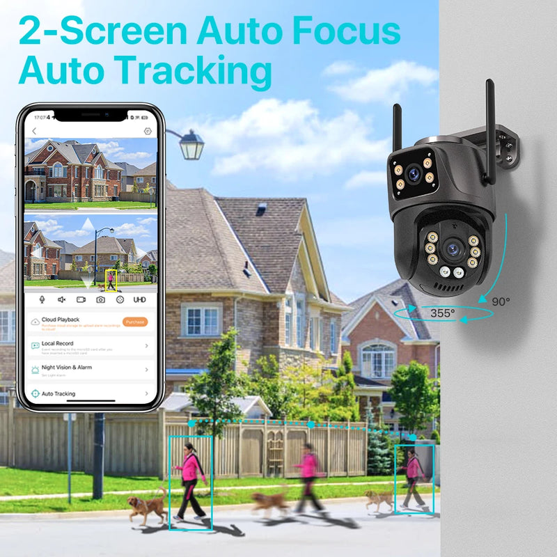 Câmera de Segurança 4K 8MP Wi-Fi PTZ – Dupla Lente com Rastreamento Inteligente e Visão Noturna | IP66 HD para Monitoramento Externo