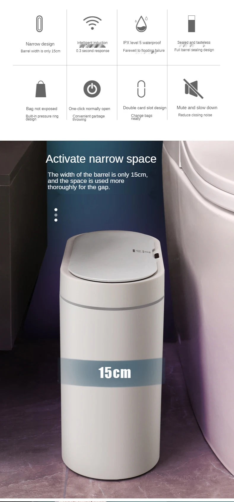 **Lixeira Inteligente Automática 7 L – Sensor Eletrônico à Prova d’Água para Cozinha e Banheiro, Design de Junção Estreita**