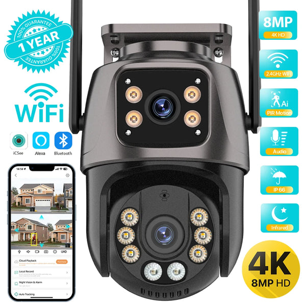 Câmera de Segurança 4K 8MP Wi-Fi PTZ – Dupla Lente com Rastreamento Inteligente e Visão Noturna | IP66 HD para Monitoramento Externo
