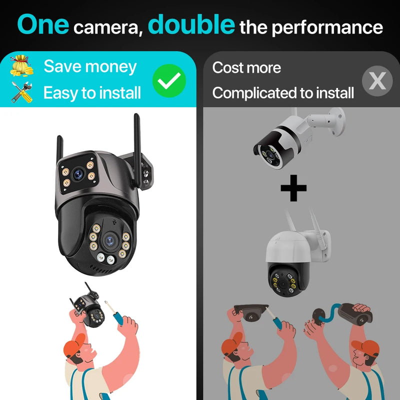 Câmera de Segurança 4K 8MP Wi-Fi PTZ – Dupla Lente com Rastreamento Inteligente e Visão Noturna | IP66 HD para Monitoramento Externo