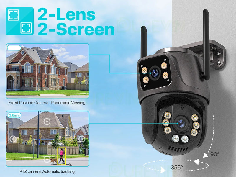 Câmera de Segurança 4K 8MP Wi-Fi PTZ – Dupla Lente com Rastreamento Inteligente e Visão Noturna | IP66 HD para Monitoramento Externo
