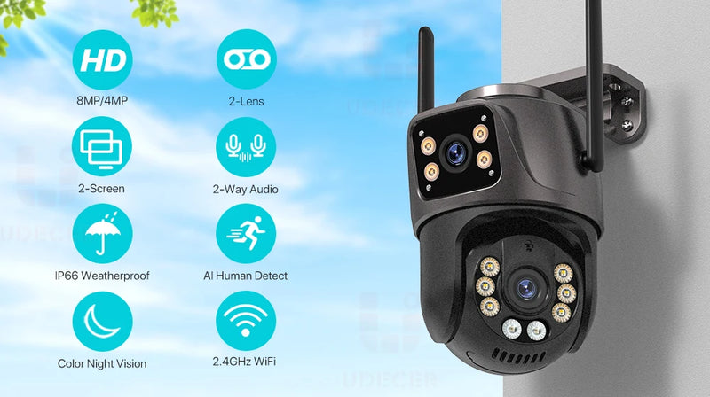 Câmera de Segurança 4K 8MP Wi-Fi PTZ – Dupla Lente com Rastreamento Inteligente e Visão Noturna | IP66 HD para Monitoramento Externo