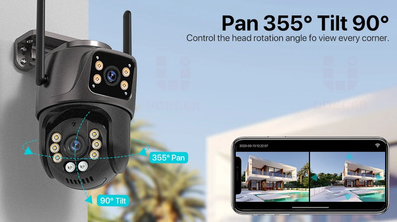 Câmera de Segurança 4K 8MP Wi-Fi PTZ – Dupla Lente com Rastreamento Inteligente e Visão Noturna | IP66 HD para Monitoramento Externo