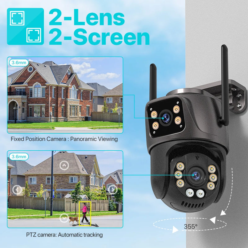 Câmera de Segurança 4K 8MP Wi-Fi PTZ – Dupla Lente com Rastreamento Inteligente e Visão Noturna | IP66 HD para Monitoramento Externo