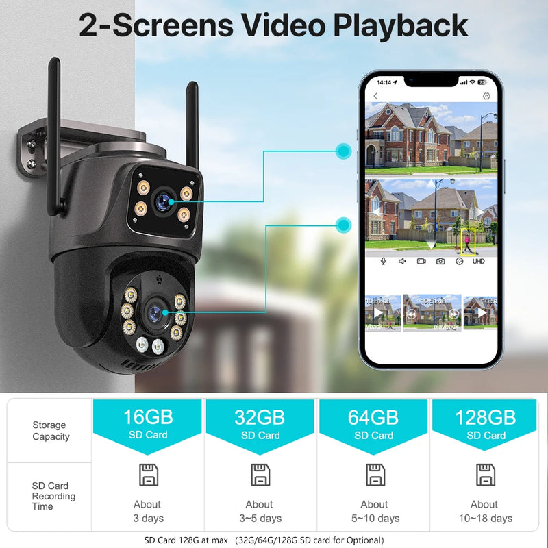 Câmera de Segurança 4K 8MP Wi-Fi PTZ – Dupla Lente com Rastreamento Inteligente e Visão Noturna | IP66 HD para Monitoramento Externo